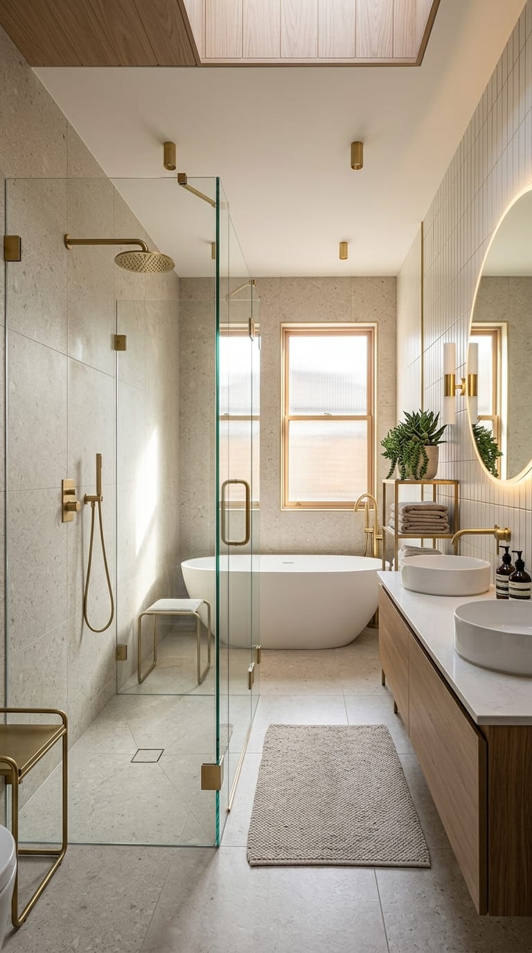 Renovated bathroom with large-format tile and brass fixtures