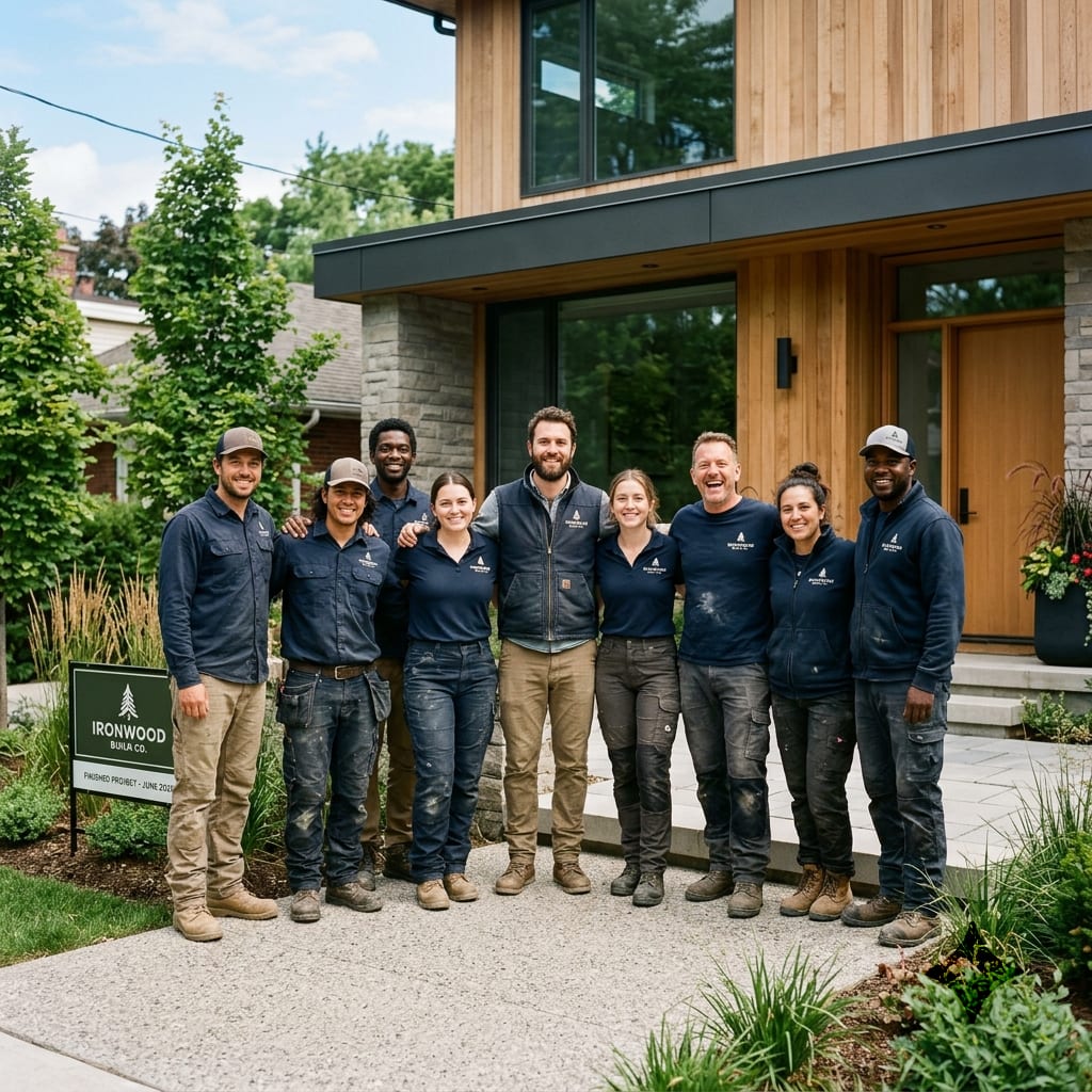 The Ironwood crew outside a finished build in branded workwear