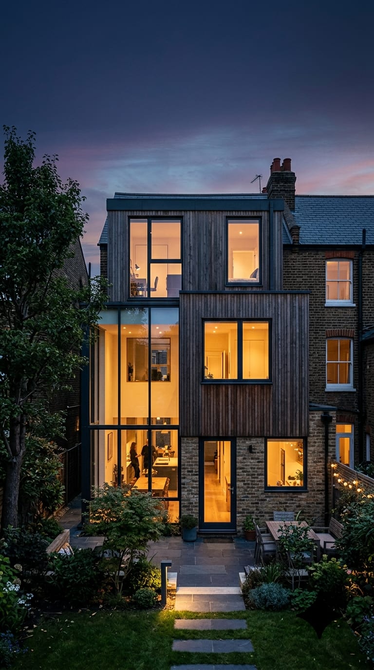 Two-storey rear extension at dusk with warm interior lighting