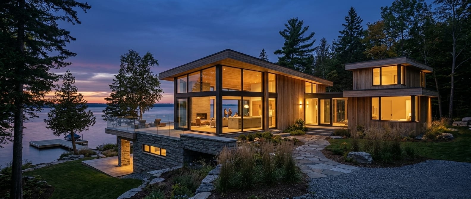 The Crestview House — architectural exterior at dusk with warm interior glow